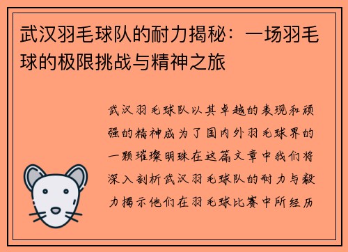 武汉羽毛球队的耐力揭秘：一场羽毛球的极限挑战与精神之旅