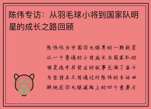 陈伟专访：从羽毛球小将到国家队明星的成长之路回顾